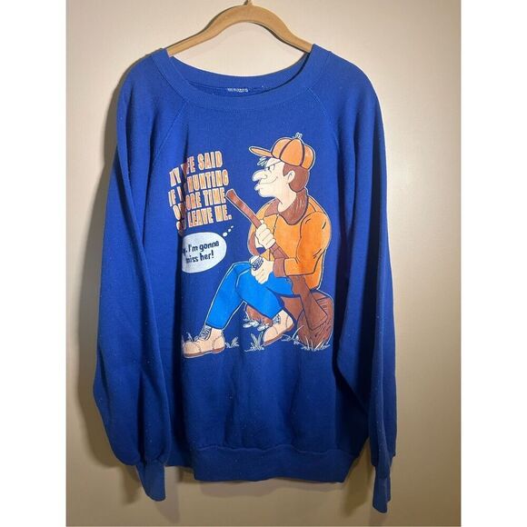 Vintage 80s Jerzees Funny Hunting Sweatshirt Adult Large Blue Wife Humor Crewnec - Picture 1 of 6